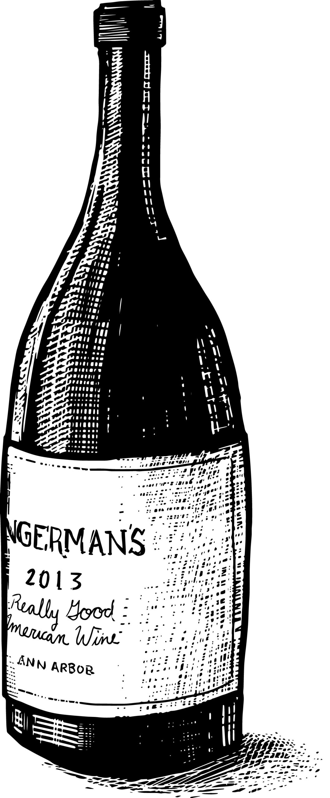 A sketch of a bottle of wine with a label that reads " Zingerman's 2013, Really Good American Wine"