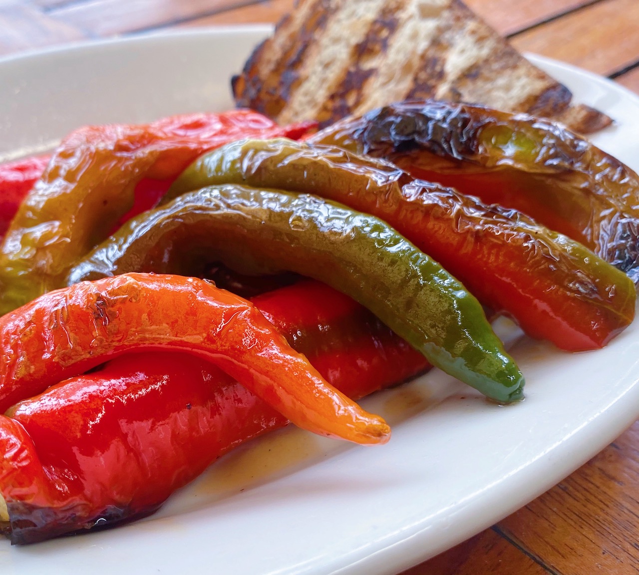 A plate of fried Jimmy Nardello peppers.
