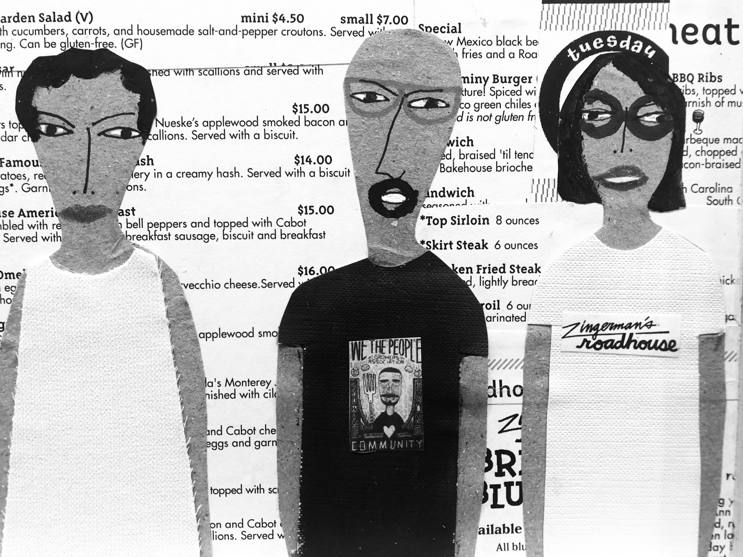 An illustration of 3 people from Zingerman's Roadhouse as depicted on a commisioned peice by artist Patrick-Earl Barnes.