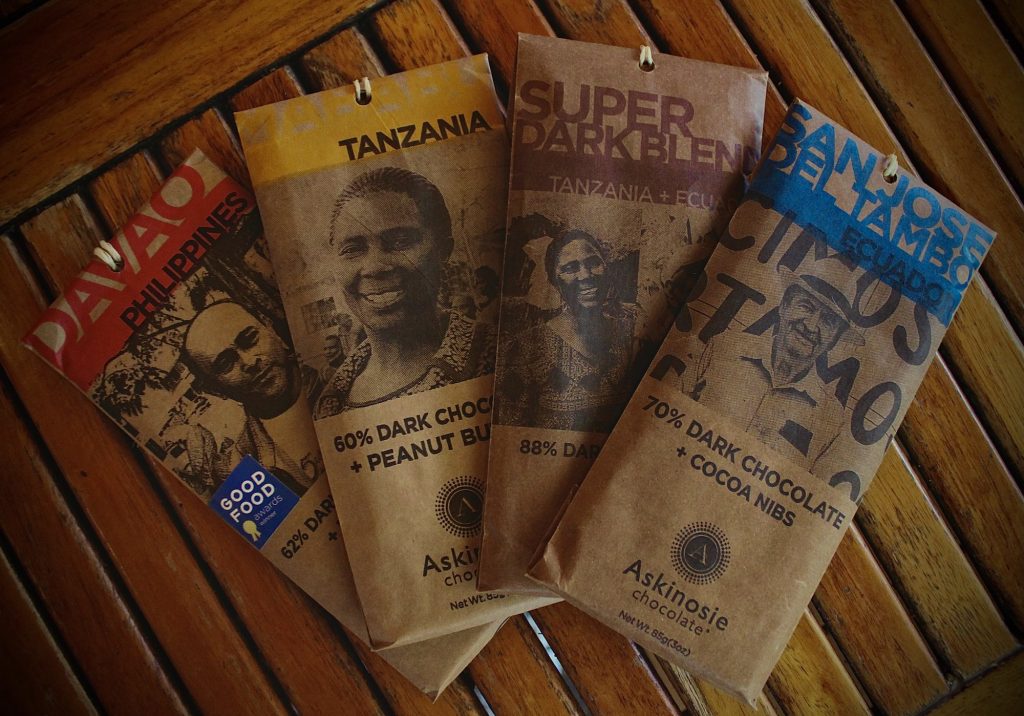 An arrangement of Askinosie chocolate bars.