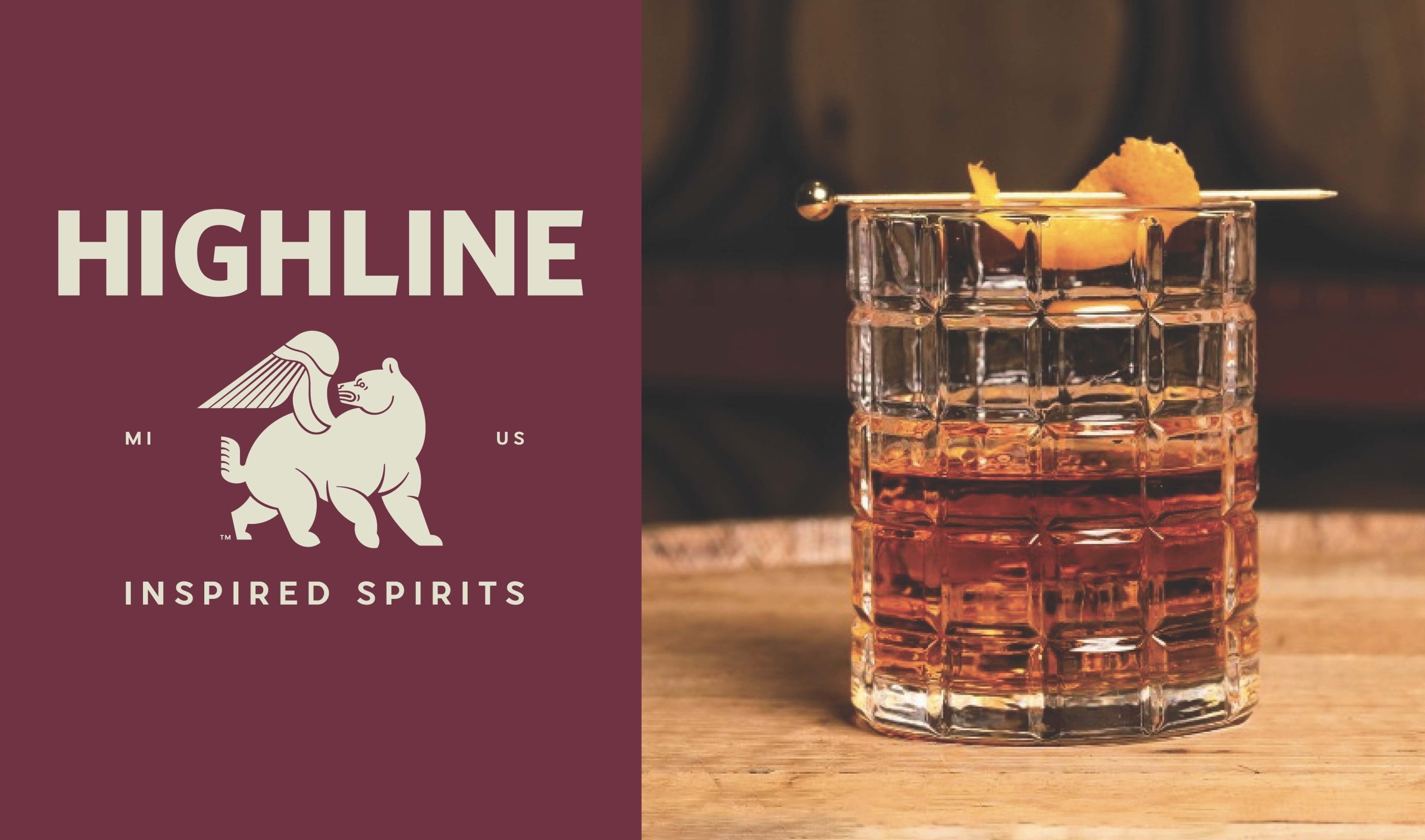 Highline Inspired Spirits logo on a maroon background next to a cur whiskey glass full of bourbon.