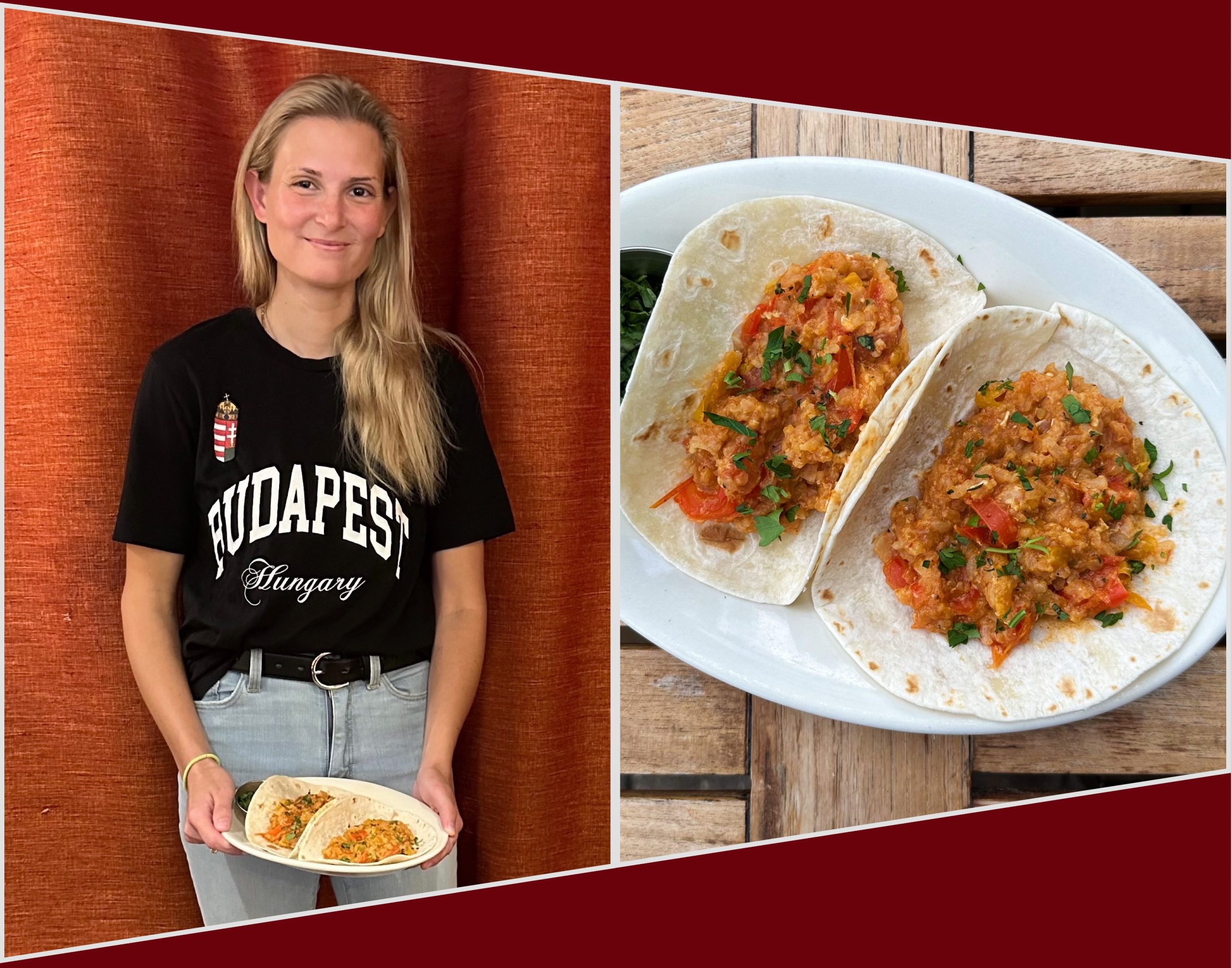 A woman stands holding a Hungarian dish, with a photo of the dish next to her photo.
