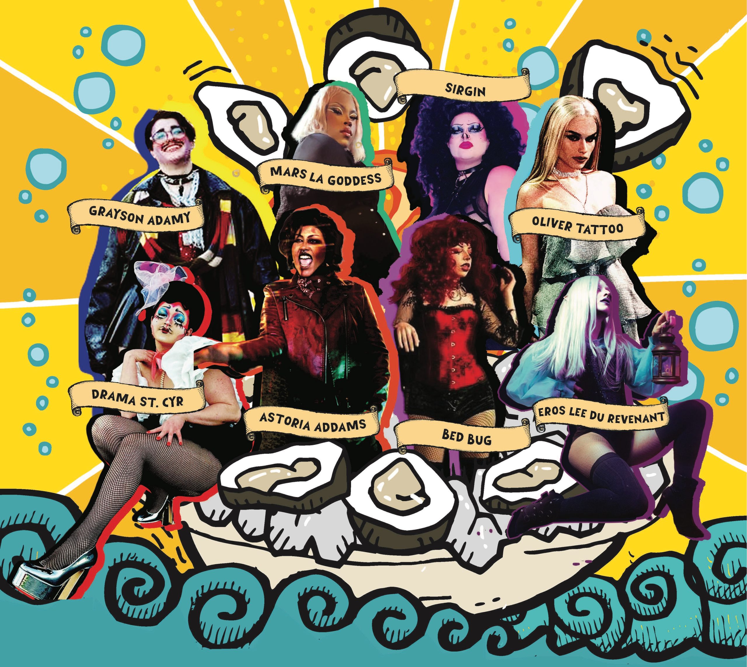 An illustration of a plate of uysters, with 8 drag queens popping up out of the flight of oysters.