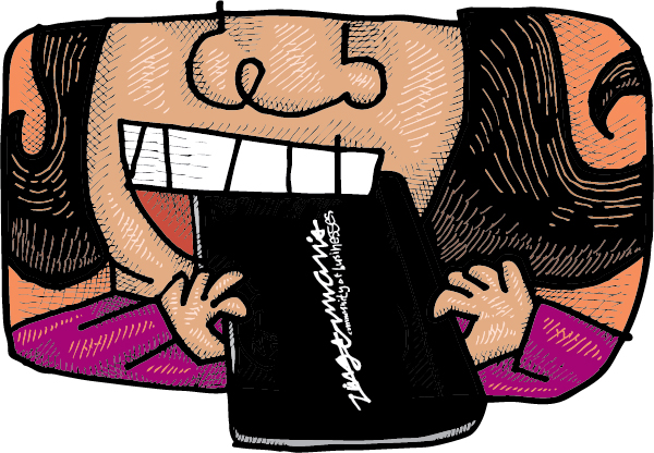 A drawing if a girl taking a bite of a Zingerman's gift card.