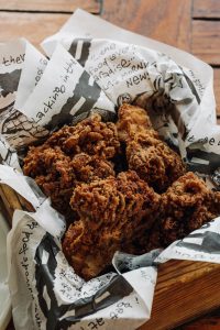 A basket of crispy fried mushrooms.