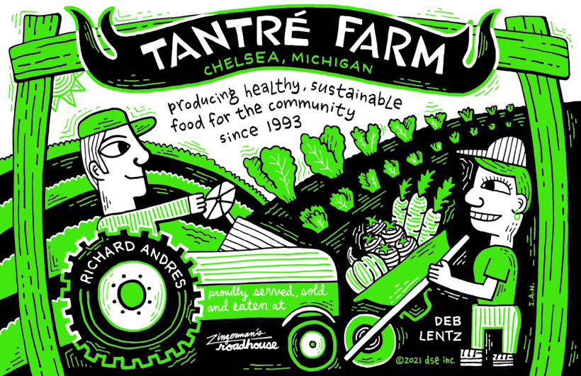 A bright green illustration of a male farmer and female farmer with a tractor in front of a field of sprouting vegetables. The header reads Tantre Farm.