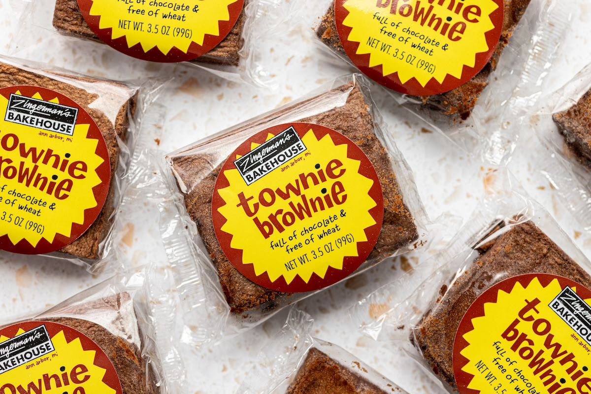 An array of packaged gluten free Bakehouse brownies named Townie Brownie.