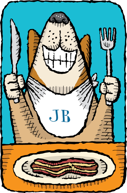 A cartton corgi with a fork and knife ready to dive into a plate of bacon